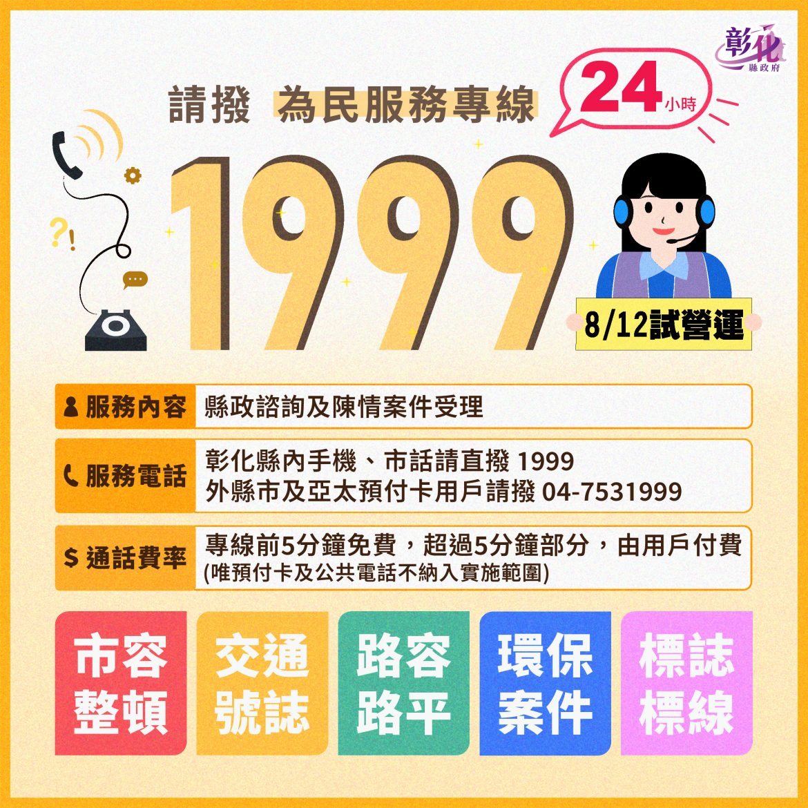 彰化縣1999為民服務專線開通試營運